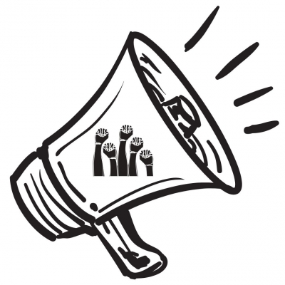 Graphic outline of a megaphone with graphic of several fists raised in solidarity on the center of the megaphone