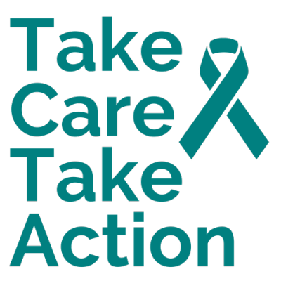 Teal ribbon with text: Take Care Take Action