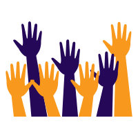 Orange and purple raised hands