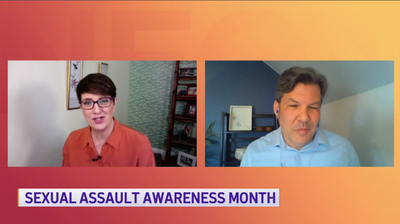 Sue O'Connell from NECN interviews Casey Corcoran from BARCC virtually on screen that says Sexual Assault Awareness Month