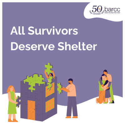 All Survivors Deserve Shelter, illustration of people hugging and building a home out of puzzle pieces