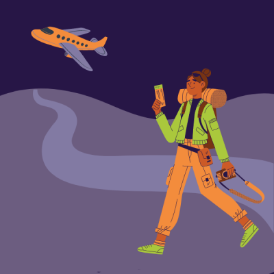 Drawing of woman with travel gear and airplane