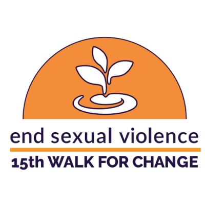 15th Walk for Change logo with orange and white sprout graphic and text, end sexual violence